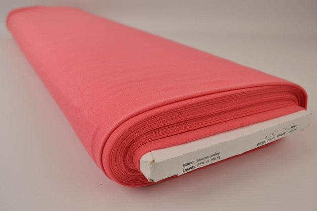 Koral pink viskose jersey – blød, åndbar & strækbar, metervare til erhverv (billede 2 af 4)