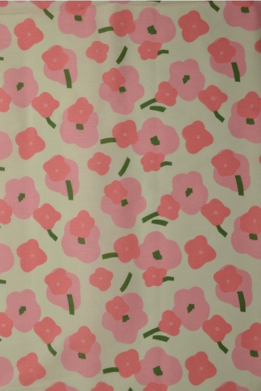Creme bomuldspoplin med valmueprint – pink & grøn, metervare til erhverv (billede 1 af 3)