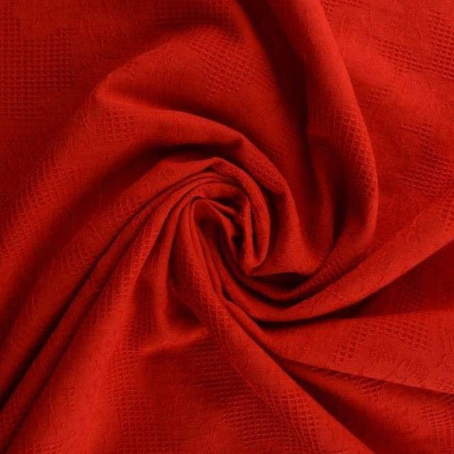 Rød bomulds jacquard - vaffelstruktur med blomstermotiv, metervare til erhverv (billede 1 af 5)