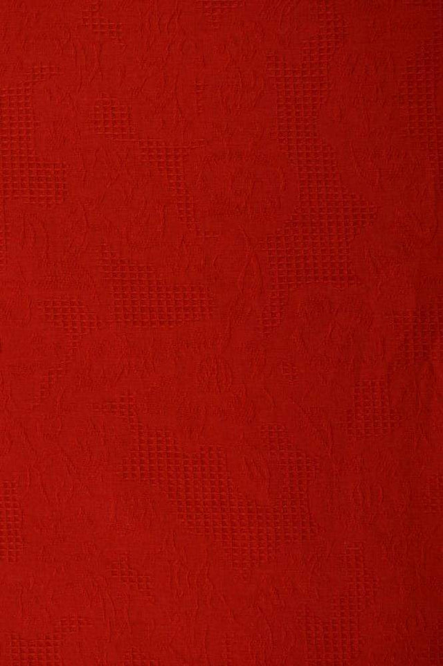 Rød bomulds jacquard - vaffelstruktur med blomstermotiv, metervare til erhverv (billede 3 af 5)