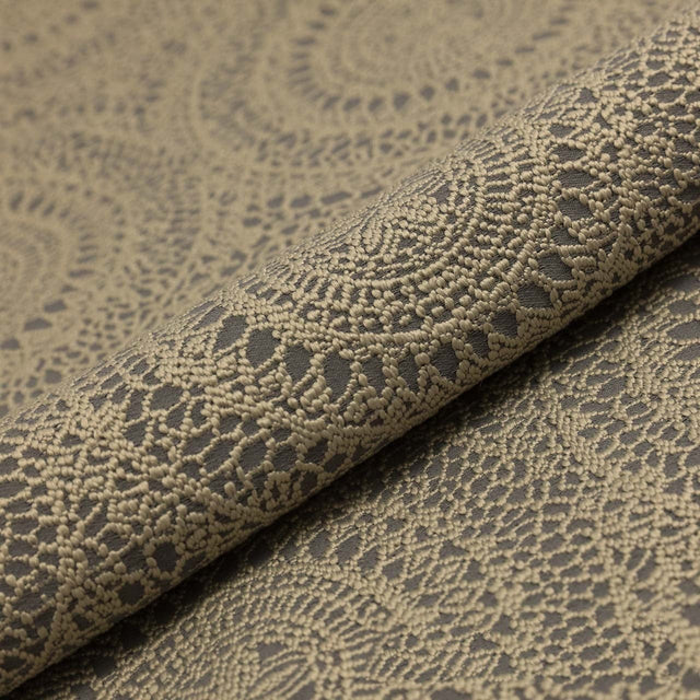 Sandbeige blonde på mørkebrun lilly jacquard møbelstof – blondemønster, metervare til erhverv (billede 1 af 3)
