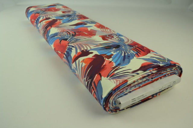 Lys lycra – botanisk print (rød & blå), 4-vejs stræk & hurtigtørrende, metervare til erhverv (billede 2 af 2)