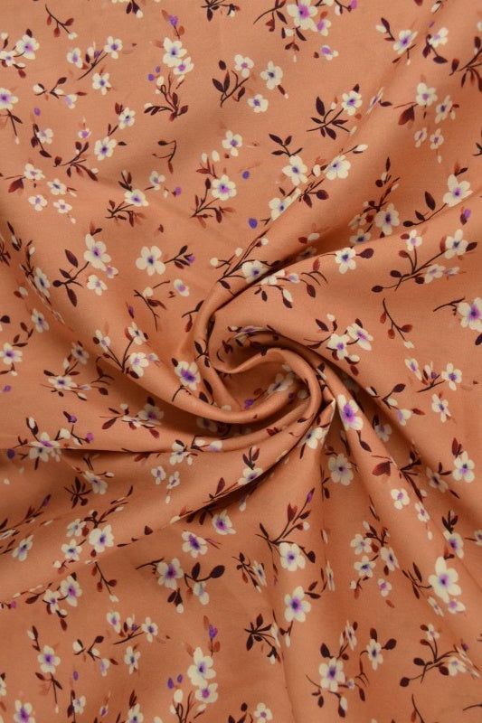 Viskose stof med småt blomsterprint – rust & lilla, metervare til erhverv (billede 1 af 9)
