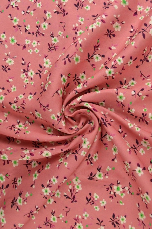 Viskose stof med småt blomsterprint – rosa & lilla, metervare til erhverv (billede 1 af 9)