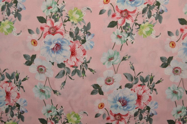 Viskose stof med romantisk blomsterprint – rosa & flerfarvet, metervare til erhverv (billede 3 af 9)