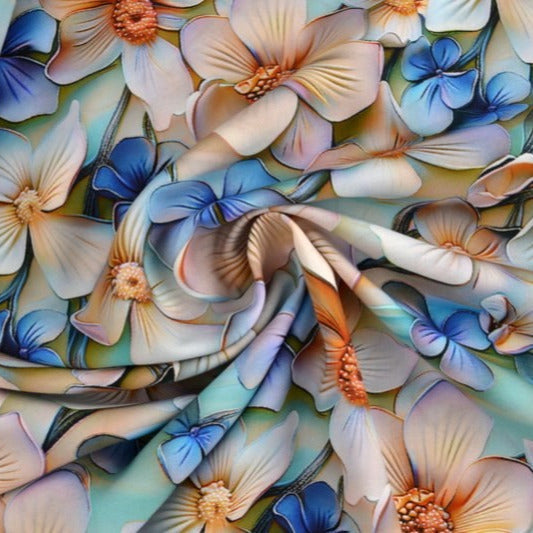 Lyseblåt viskose stof med hvide og blå blomster – let fald & elegant mat glans, metervare til erhverv (billede 1 af 5)