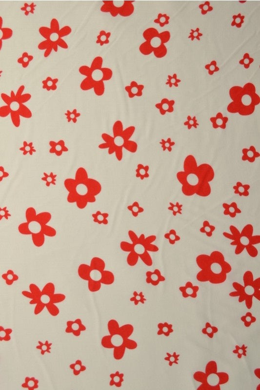Hvid bomuldspoplin med rødt blomsterprint, metervare til erhverv (billede 1 af 3)