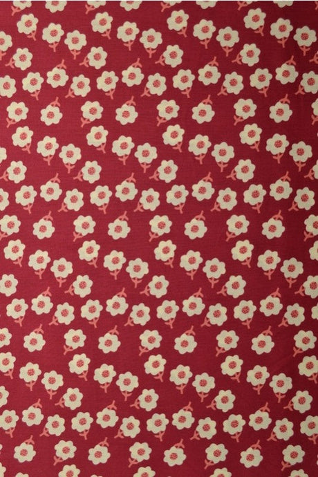 Rød bomuldspoplin med hvidt ditsy blomsterprint, metervare til erhverv (billede 1 af 3)
