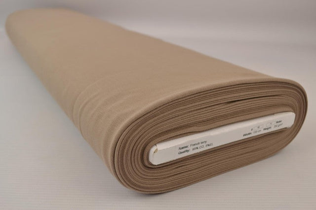 Taupe french terry – blød bomuldsstrik med stræk, metervare til erhverv (billede 2 af 5)
