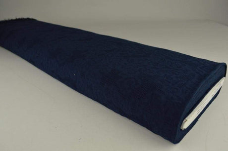 Navy bomulds jacquard - vaffelstruktur med blomstermotiv, metervare til erhverv (billede 2 af 5)