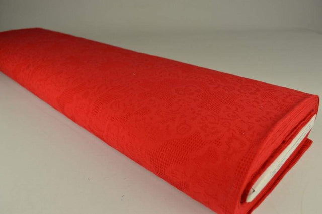 Rød bomulds jacquard - vaffelstruktur med blomstermotiv, metervare til erhverv (billede 2 af 5)