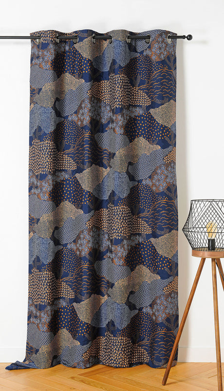 Jacquard-gardinstof med japansk landskabsmotiv — marineblå, syet som færdigt gardin