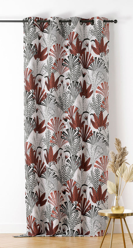 Jacquard gardinstof med palmemotiv — terrakotta & sort, syet som færdigt gardin