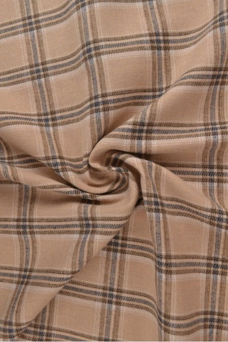 Beige skotskternet flannel m. sorte og blå linjer, metervare til erhverv (billede 1 af 14)