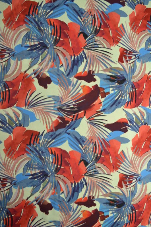 Lys lycra – botanisk print (rød & blå), 4-vejs stræk & hurtigtørrende, metervare til erhverv (billede 1 af 2)