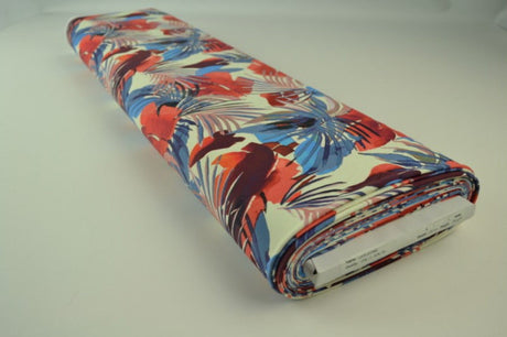 Lys lycra – botanisk print (rød & blå), 4-vejs stræk & hurtigtørrende, metervare til erhverv (billede 2 af 2)