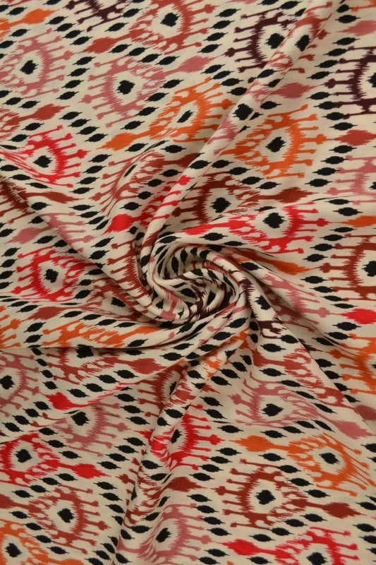 Viskose stof med ikat mønster – creme, rød & orange, metervare til erhverv (billede 1 af 9)