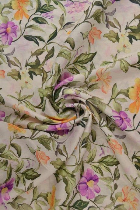 Viskose stof med botanisk blomsterprint – hvid & flerfarvet, metervare til erhverv (billede 1 af 9)