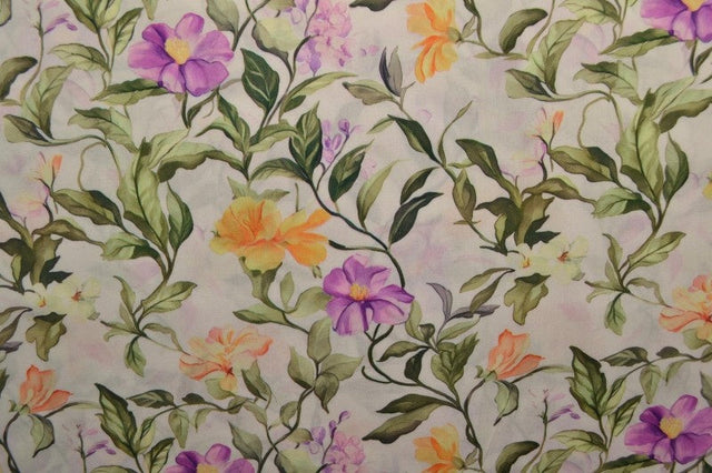 Viskose stof med botanisk blomsterprint – hvid & flerfarvet, metervare til erhverv (billede 3 af 9)
