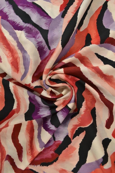 Viskose stof med farverigt zebraprint – hvid, lilla & pink, metervare til erhverv (billede 1 af 9)