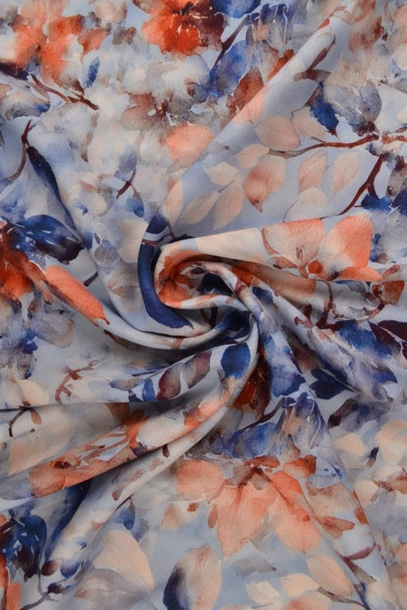Viskose stof med akvarel blomsterprint – blå & orange, metervare til erhverv (billede 1 af 9)