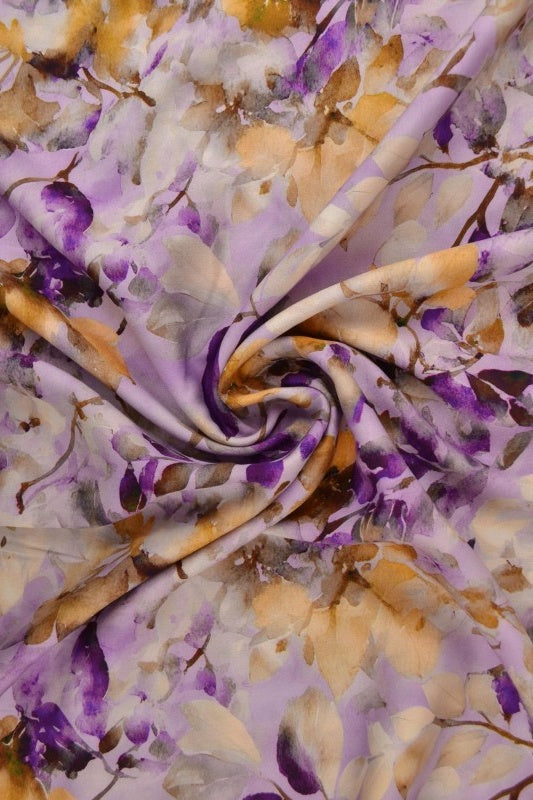 Viskose stof med akvarel blomsterprint – lilla & guld, metervare til erhverv (billede 1 af 9)