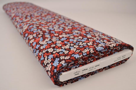 Viskose stof med småt blomsterprint – bordeaux & lyseblå, metervare til erhverv (billede 2 af 9)
