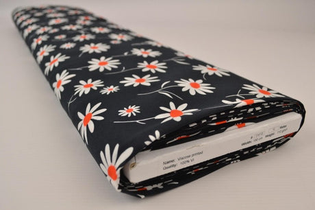 Viskose stof med margeritprint – sort & hvid, metervare til erhverv (billede 2 af 9)