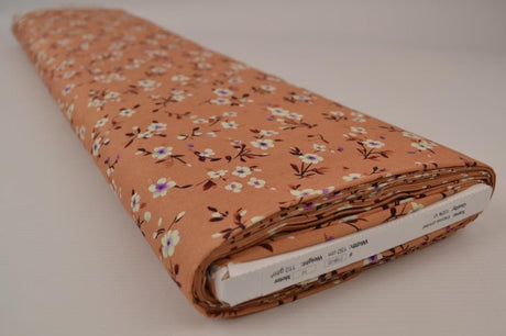 Viskose stof med småt blomsterprint – rust & lilla, metervare til erhverv (billede 2 af 9)