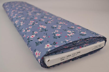 Viskose stof med småt blomsterprint – lyseblå & pink, metervare til erhverv (billede 2 af 9)