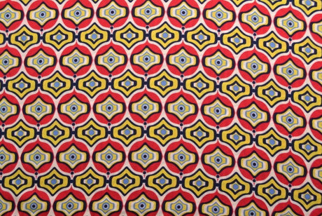 Viskose stof med rødt og gult geometrisk bue print – let fald & elegant mat glans, metervare til erhverv (billede 2 af 5)
