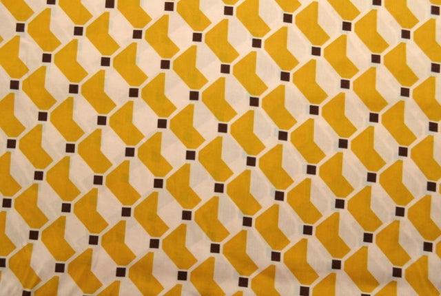 Råhvidt viskose stof med gult geometrisk print – let fald & elegant mat glans, metervare til erhverv (billede 2 af 5)